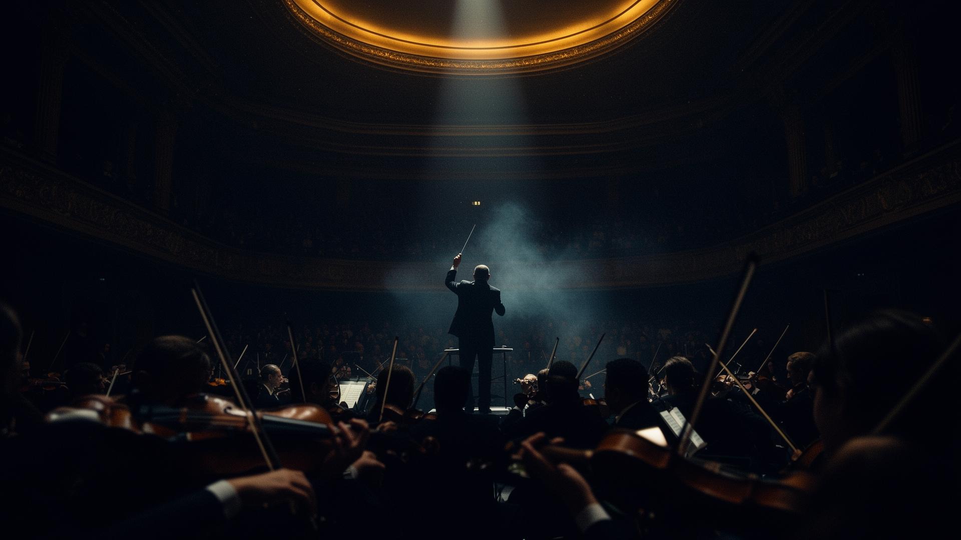 Orchestra conductor under cinematic light